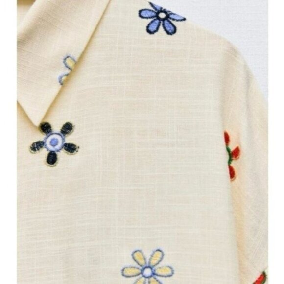 Zara Floral Linen-Blend Long Sleeve Shirt • Size L • Breezy Casual Everyday - Picture 3 of 6